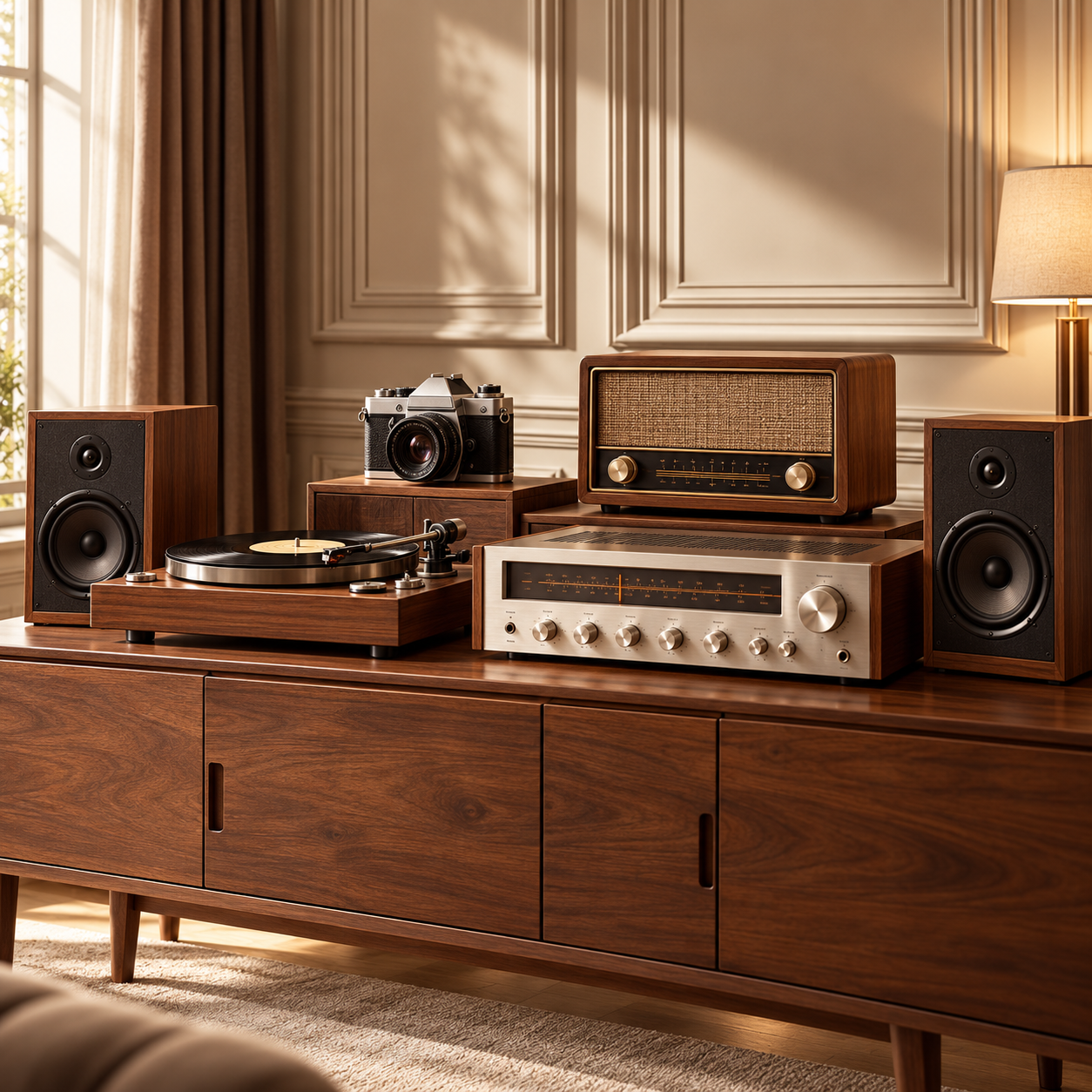 A styled display of a vintage receiver, turntable, camera, radio, and speakers